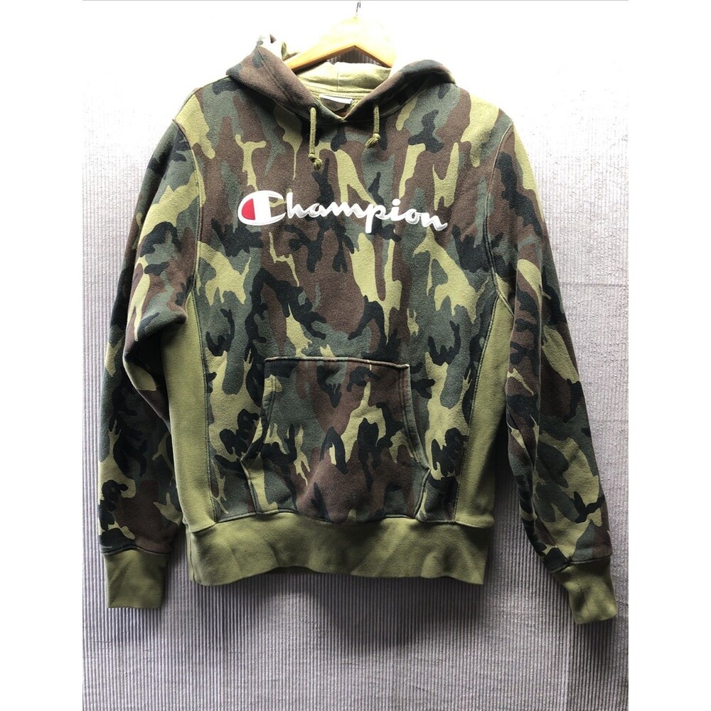 Champion Reverse Weave Hoodie Men’s M Woodland Camo Green Pullover Streetwear